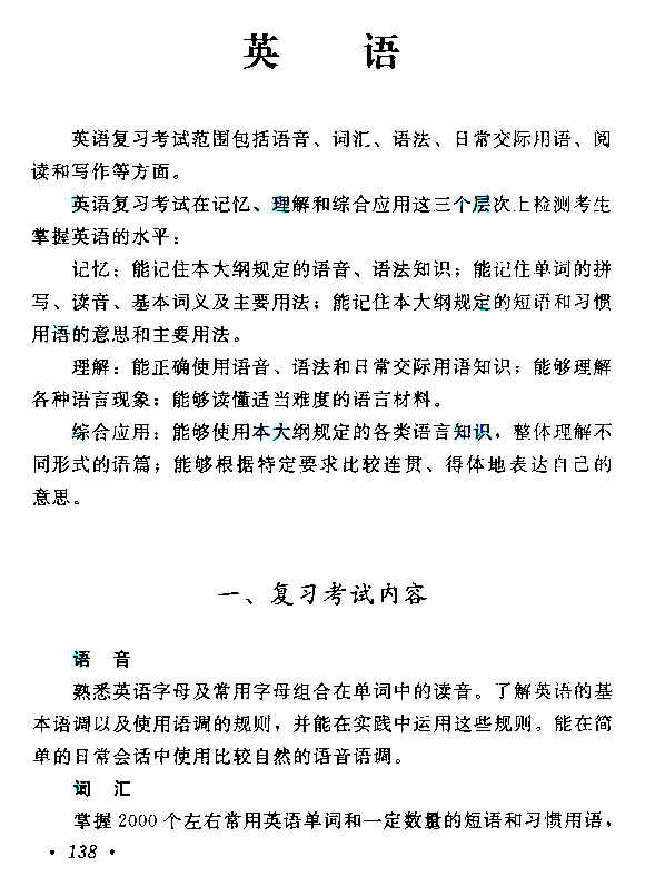 2015年成人高考高起點(diǎn)《英語》考試大綱