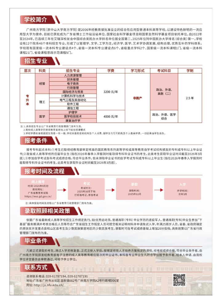 2025年廣州南方學院成人高考招生簡章
